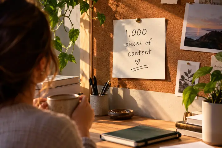 Close-up editorial photograph of a handwritten content milestone note pinned above a tidy desk.