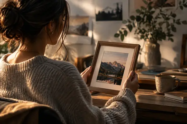 Editorial photograph of a creator holding a simple framed keepsake in a softly lit studio, celebratory but understated.
