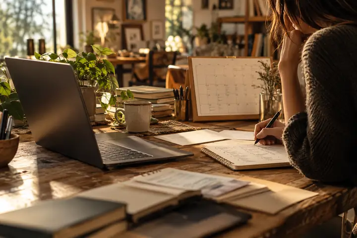 Editorial photograph of a laptop, a paper calendar and handwritten notes in a warm independent business workspace.
